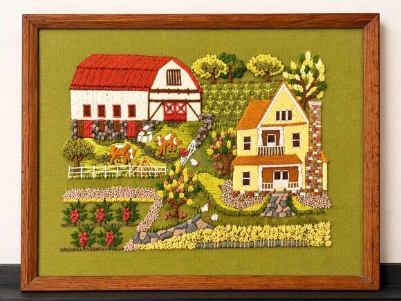 Other - 1970s Crewel Embroidery Farmhouse Wall Art – Avocado Green Fiber Art (Framed)